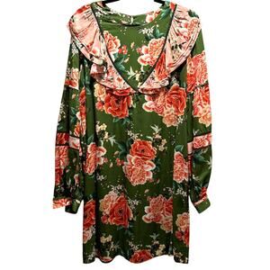 Farm Rio Green Floral Ruffle Collar Mini Dress – Size L